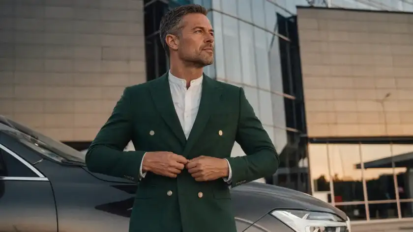 Elegant Driver in Green Blazer by Luxury Car